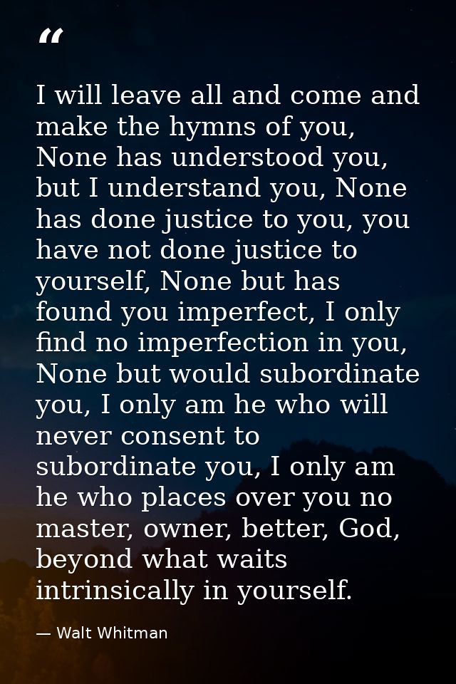 I will leave all and come and make the hymns of you, None has understood you, but I understand you, None has done justic — Walt Whitman