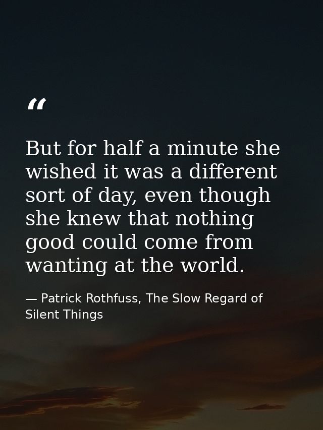 But for half a minute she wished it was a different sort of day, even though she knew that nothing good could come from  — Patrick Rothfuss, The Slow Regard of Silent Things