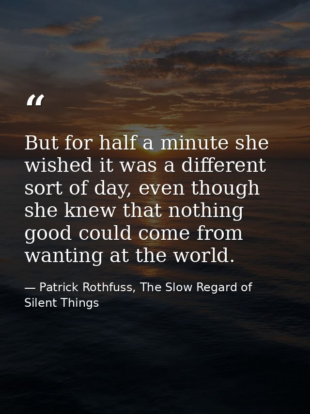 But for half a minute she wished it was a different sort of day, even though she knew that nothing good could come from  — Patrick Rothfuss, The Slow Regard of Silent Things