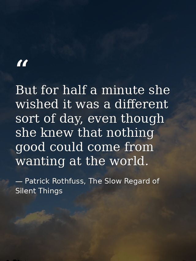 But for half a minute she wished it was a different sort of day, even though she knew that nothing good could come from  — Patrick Rothfuss, The Slow Regard of Silent Things