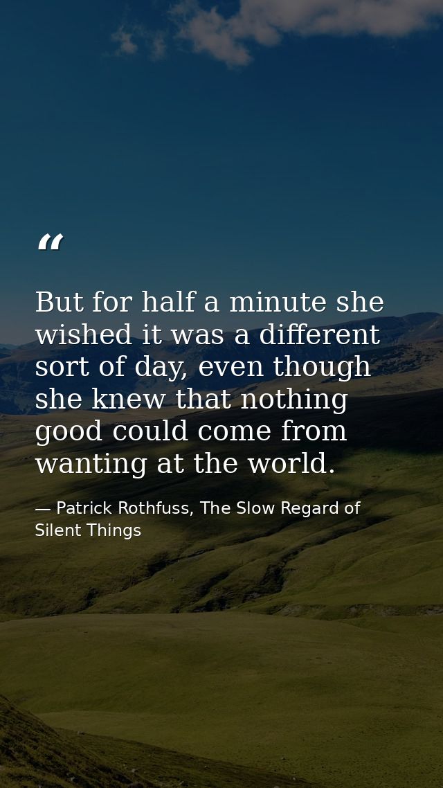 But for half a minute she wished it was a different sort of day, even though she knew that nothing good could come from  — Patrick Rothfuss, The Slow Regard of Silent Things