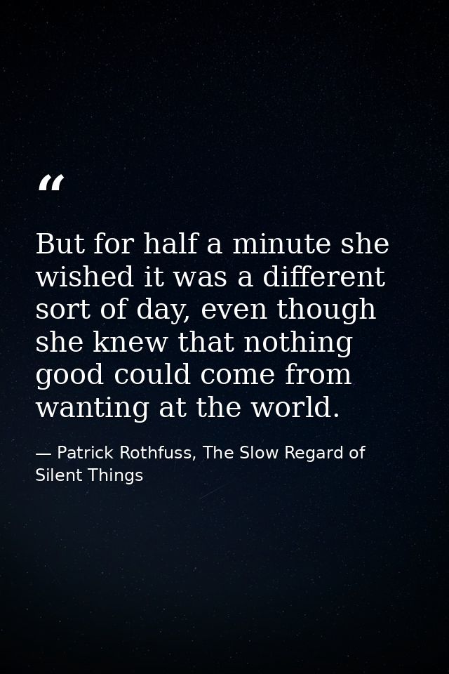 But for half a minute she wished it was a different sort of day, even though she knew that nothing good could come from  — Patrick Rothfuss, The Slow Regard of Silent Things