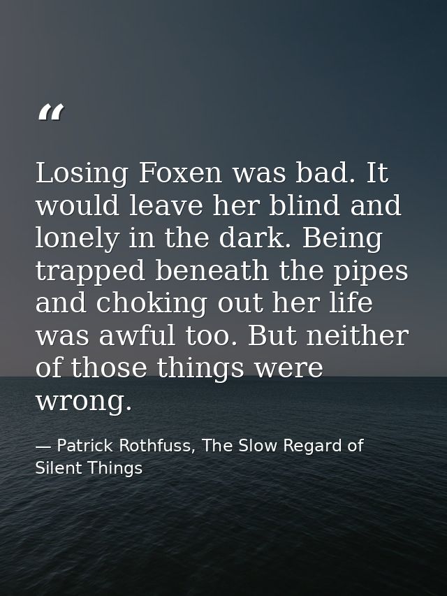 Losing Foxen was bad. It would leave her blind and lonely in the dark. Being trapped beneath the pipes and choking out h — Patrick Rothfuss, The Slow Regard of Silent Things