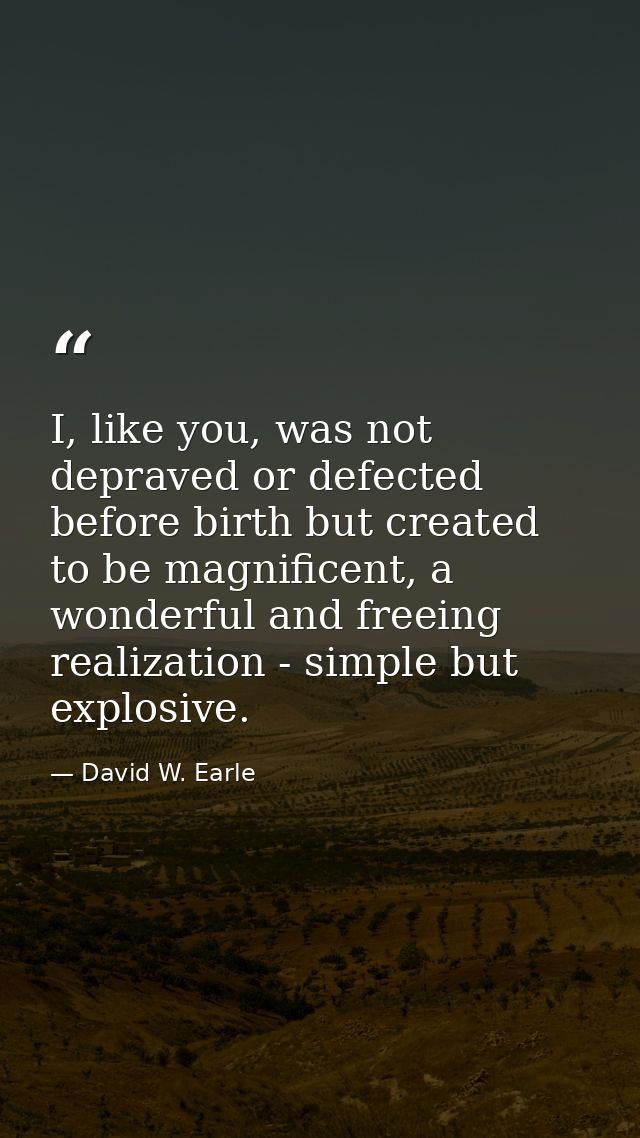 I, like you, was not depraved or defected before birth but created to be magnificent, a wonderful and freeing realizatio — David W. Earle