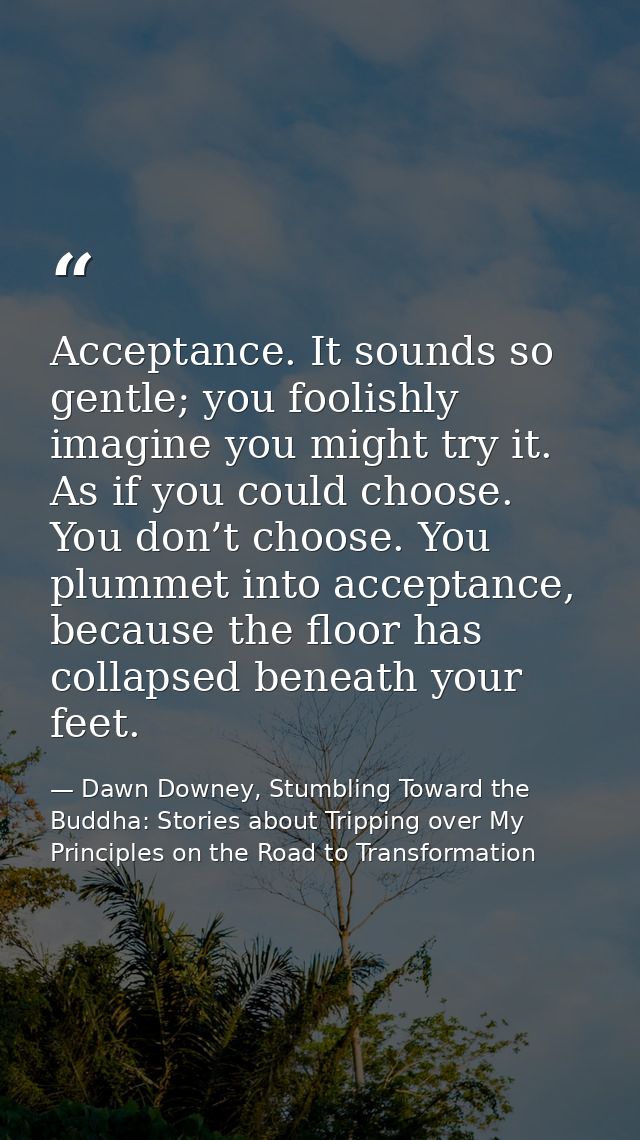 Acceptance. It sounds so gentle; you foolishly imagine you might try it. As if you could choose. You don’t choose. You p — Dawn Downey, Stumbling Toward the Buddha: Stories about Tripping over My Principles on the Road to Transformation