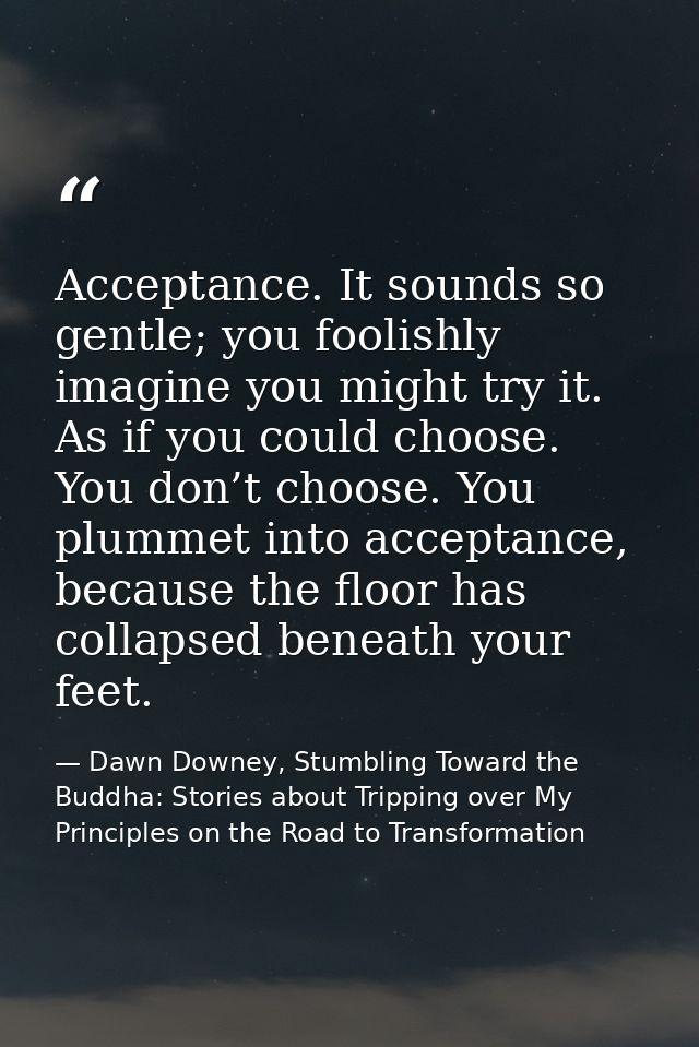 Acceptance. It sounds so gentle; you foolishly imagine you might try it. As if you could choose. You don’t choose. You p — Dawn Downey, Stumbling Toward the Buddha: Stories about Tripping over My Principles on the Road to Transformation