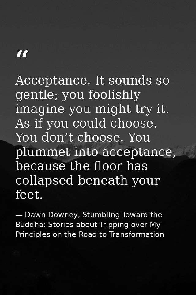 Acceptance. It sounds so gentle; you foolishly imagine you might try it. As if you could choose. You don’t choose. You p — Dawn Downey, Stumbling Toward the Buddha: Stories about Tripping over My Principles on the Road to Transformation