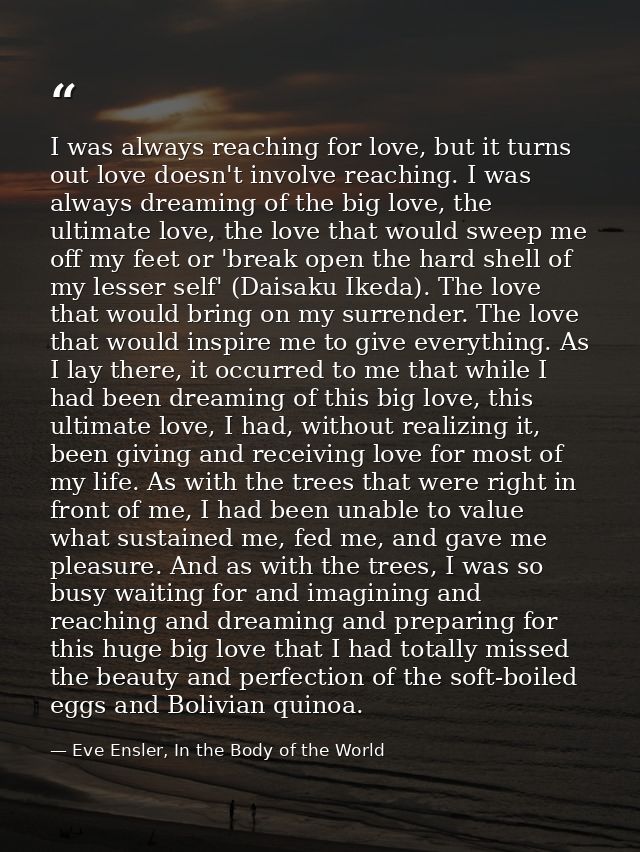 I was always reaching for love, but it turns out love doesn't involve reaching. I was always dreaming of the big love, t — Eve Ensler, In the Body of the World