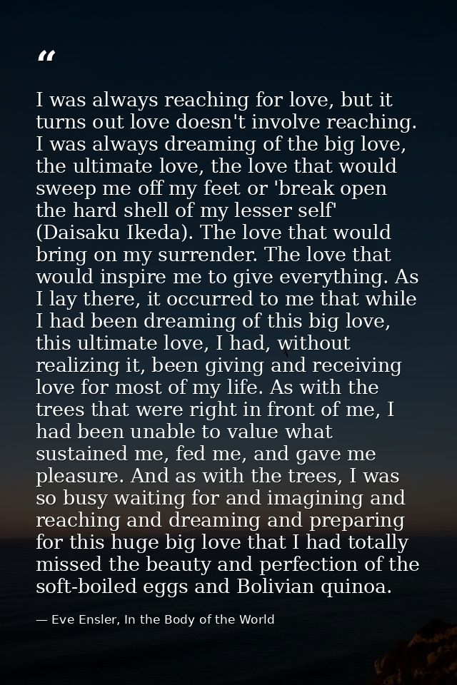 I was always reaching for love, but it turns out love doesn't involve reaching. I was always dreaming of the big love, t — Eve Ensler, In the Body of the World