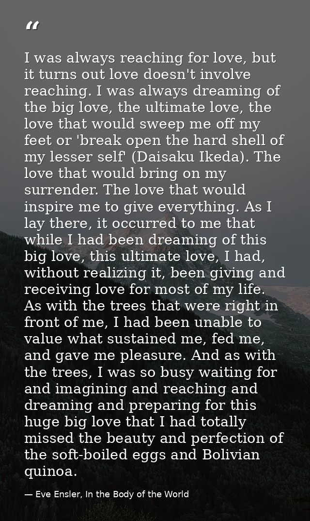 I was always reaching for love, but it turns out love doesn't involve reaching. I was always dreaming of the big love, t — Eve Ensler, In the Body of the World