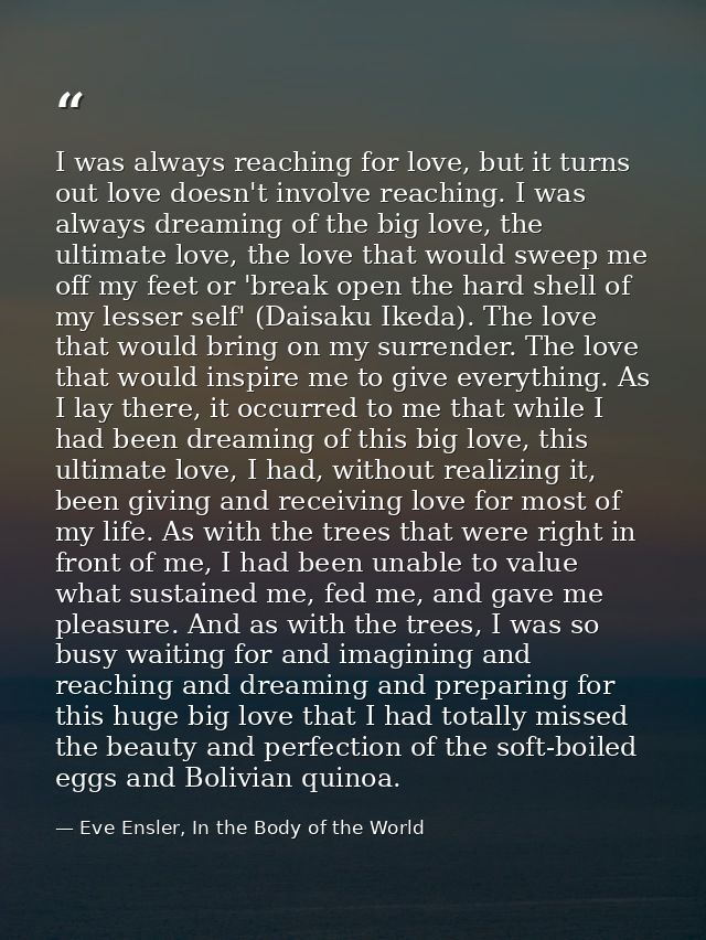 I was always reaching for love, but it turns out love doesn't involve reaching. I was always dreaming of the big love, t — Eve Ensler, In the Body of the World