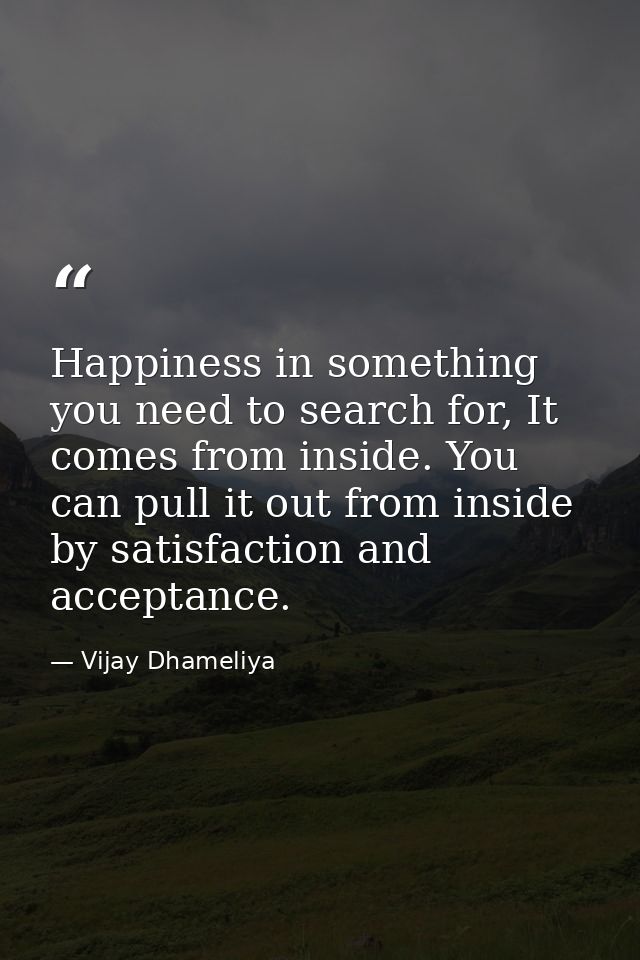 Happiness in something you need to search for, It comes from inside. You can pull it out from inside by satisfaction and — Vijay Dhameliya