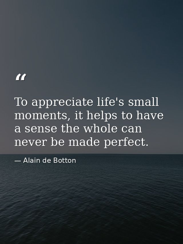 To appreciate life's small moments, it helps to have a sense the whole can never be made perfect. — Alain de Botton
