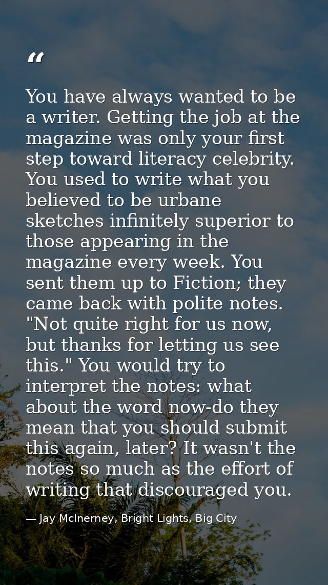 You have always wanted to be a writer. Getting the job at the magazine was only your first step toward literacy celebrit — Jay McInerney, Bright Lights, Big City