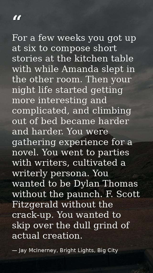 For a few weeks you got up at six to compose short stories at the kitchen table with while Amanda slept in the other roo — Jay McInerney, Bright Lights, Big City