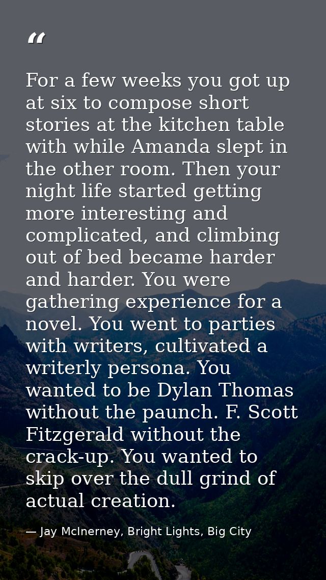 For a few weeks you got up at six to compose short stories at the kitchen table with while Amanda slept in the other roo — Jay McInerney, Bright Lights, Big City