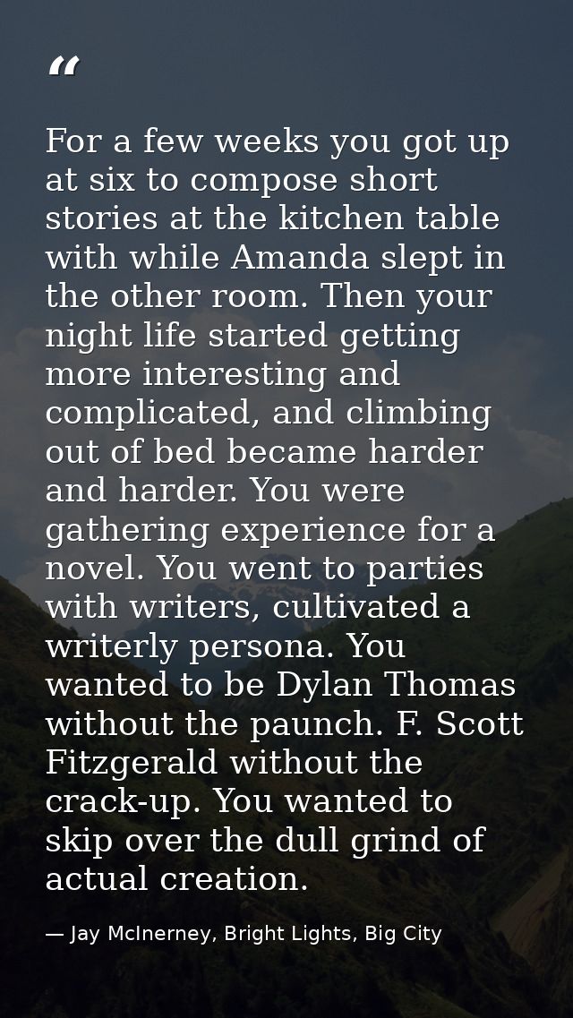 For a few weeks you got up at six to compose short stories at the kitchen table with while Amanda slept in the other roo — Jay McInerney, Bright Lights, Big City