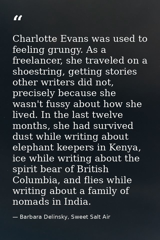 Charlotte Evans was used to feeling grungy. As a freelancer, she traveled on a shoestring, getting stories other writers — Barbara Delinsky, Sweet Salt Air