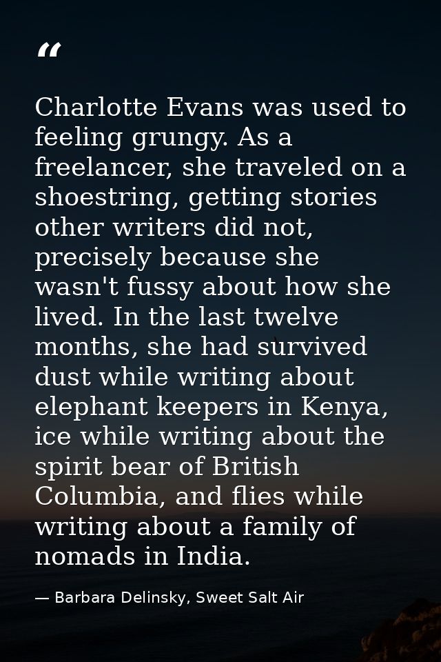 Charlotte Evans was used to feeling grungy. As a freelancer, she traveled on a shoestring, getting stories other writers — Barbara Delinsky, Sweet Salt Air