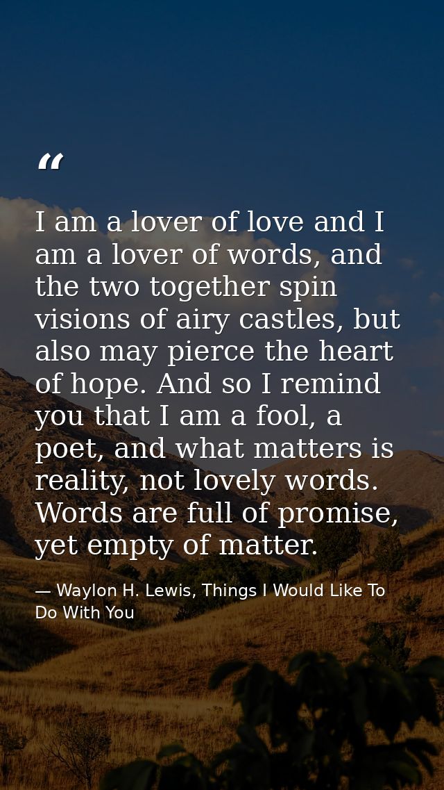 I am a lover of love and I am a lover of words, and the two together spin visions of airy castles, but also may pierce t — Waylon H. Lewis, Things I Would Like To Do With You