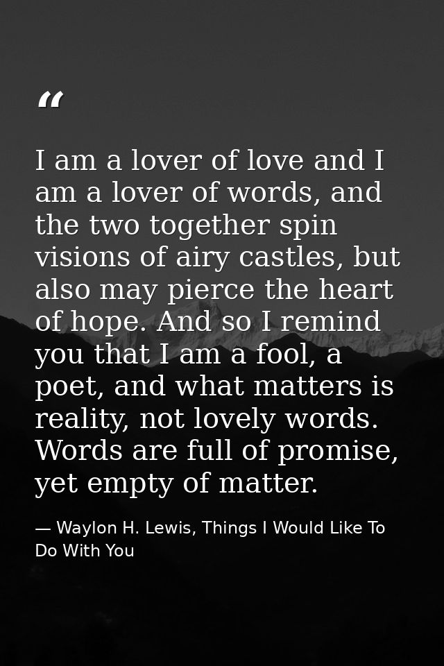 I am a lover of love and I am a lover of words, and the two together spin visions of airy castles, but also may pierce t — Waylon H. Lewis, Things I Would Like To Do With You
