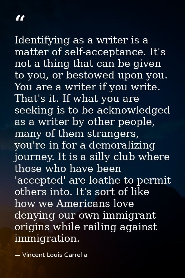 Identifying as a writer is a matter of self-acceptance. It's not a thing that can be given to you, or bestowed upon you. — Vincent Louis Carrella