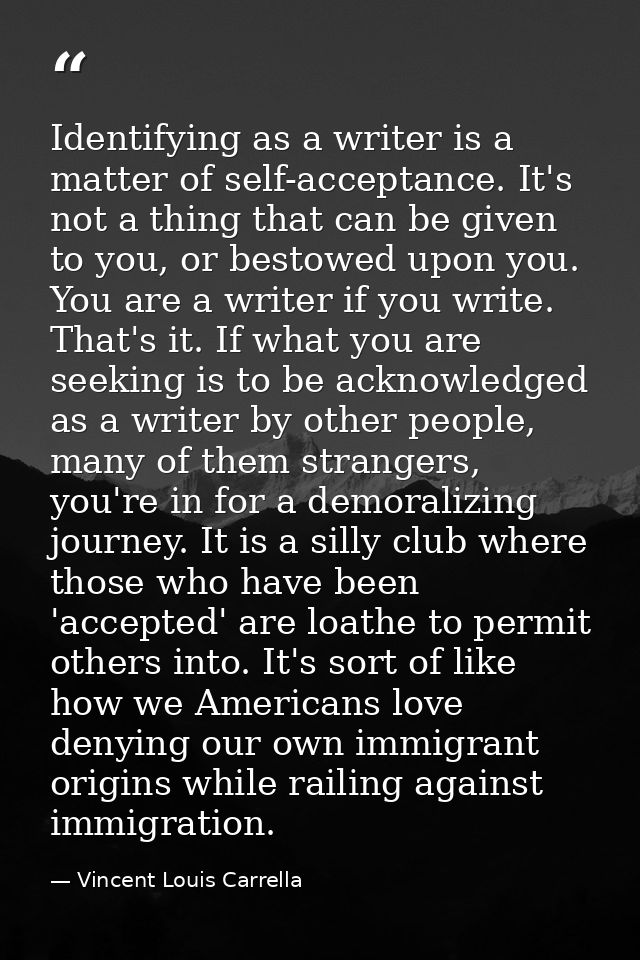 Identifying as a writer is a matter of self-acceptance. It's not a thing that can be given to you, or bestowed upon you. — Vincent Louis Carrella