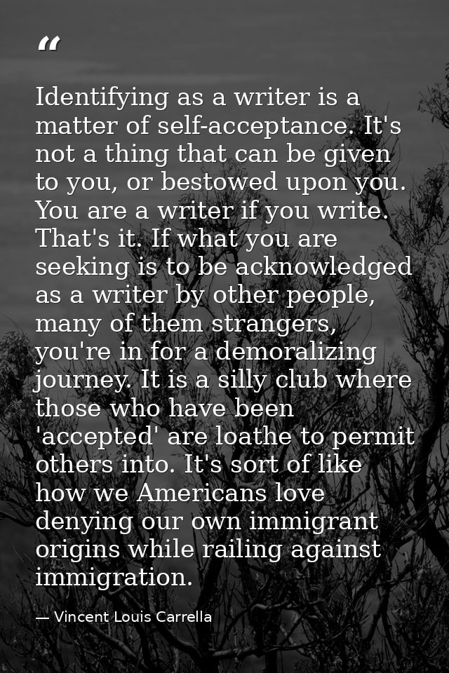 Identifying as a writer is a matter of self-acceptance. It's not a thing that can be given to you, or bestowed upon you. — Vincent Louis Carrella