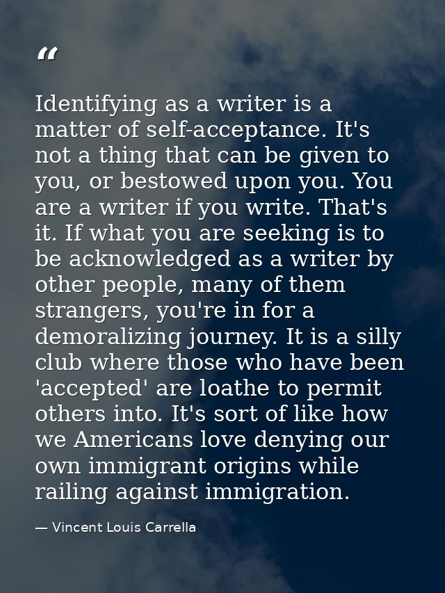 Identifying as a writer is a matter of self-acceptance. It's not a thing that can be given to you, or bestowed upon you. — Vincent Louis Carrella