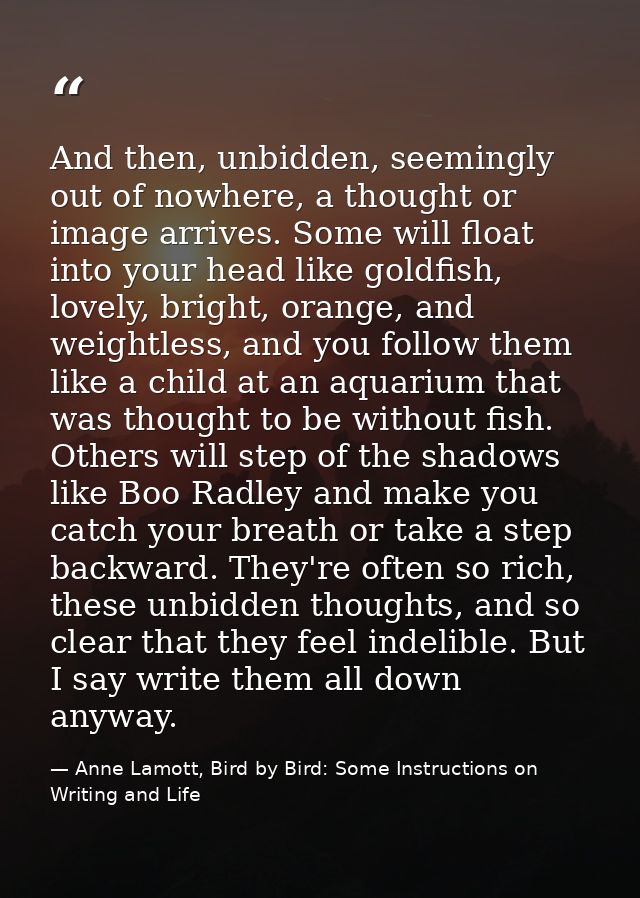 And then, unbidden, seemingly out of nowhere, a thought or image arrives. Some will float into your head like goldfish,  — Anne Lamott, Bird by Bird: Some Instructions on Writing and Life