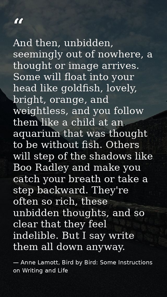 And then, unbidden, seemingly out of nowhere, a thought or image arrives. Some will float into your head like goldfish,  — Anne Lamott, Bird by Bird: Some Instructions on Writing and Life