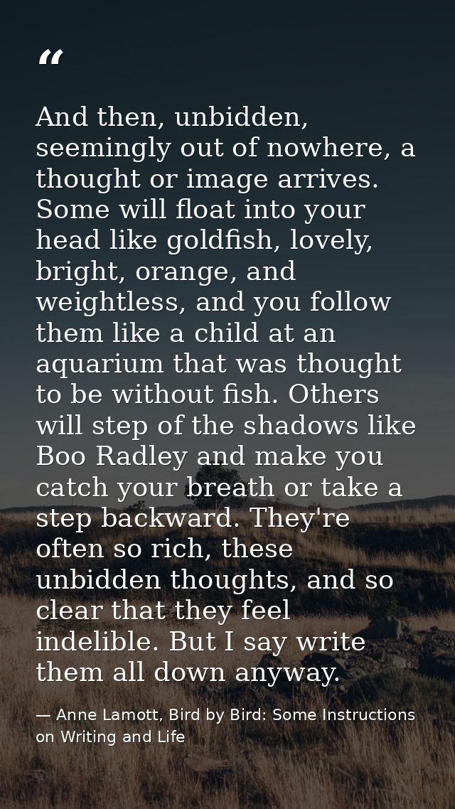 And then, unbidden, seemingly out of nowhere, a thought or image arrives. Some will float into your head like goldfish,  — Anne Lamott, Bird by Bird: Some Instructions on Writing and Life