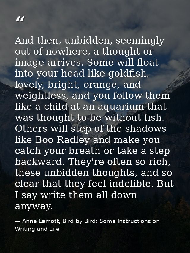 And then, unbidden, seemingly out of nowhere, a thought or image arrives. Some will float into your head like goldfish,  — Anne Lamott, Bird by Bird: Some Instructions on Writing and Life