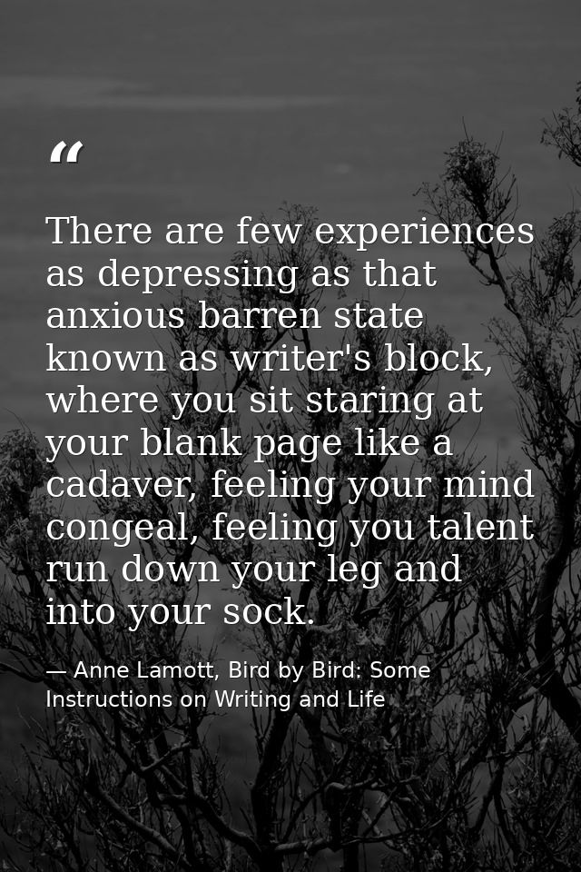 There are few experiences as depressing as that anxious barren state known as writer's block, where you sit staring at y — Anne Lamott, Bird by Bird: Some Instructions on Writing and Life