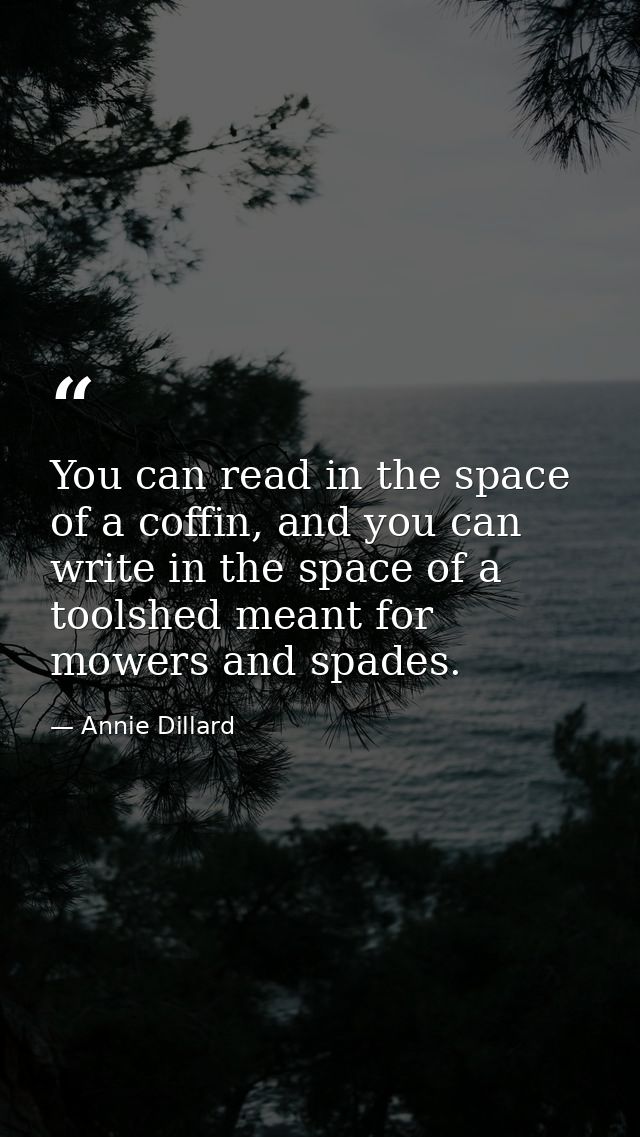 You can read in the space of a coffin, and you can write in the space of a toolshed meant for mowers and spades. — Annie Dillard