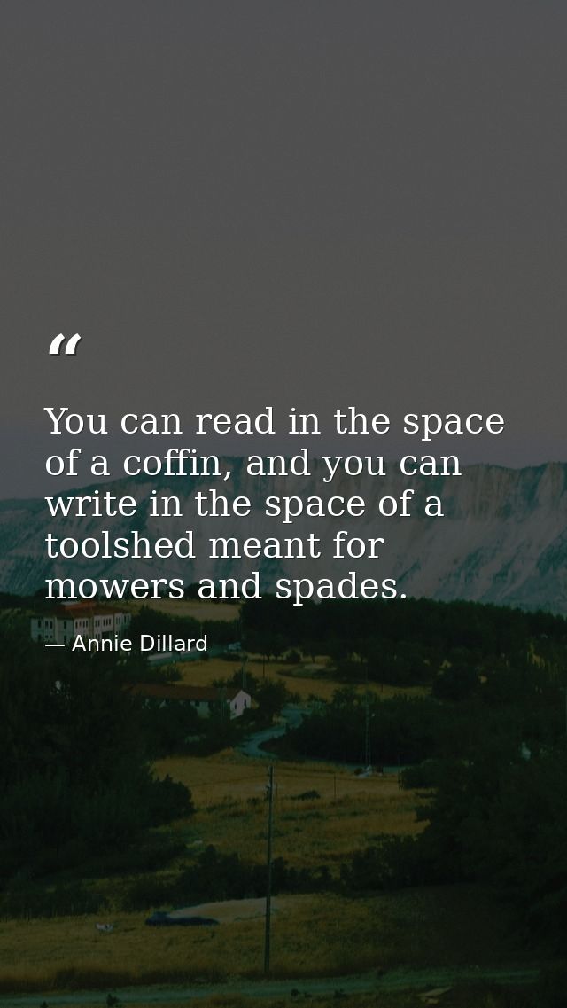 You can read in the space of a coffin, and you can write in the space of a toolshed meant for mowers and spades. — Annie Dillard