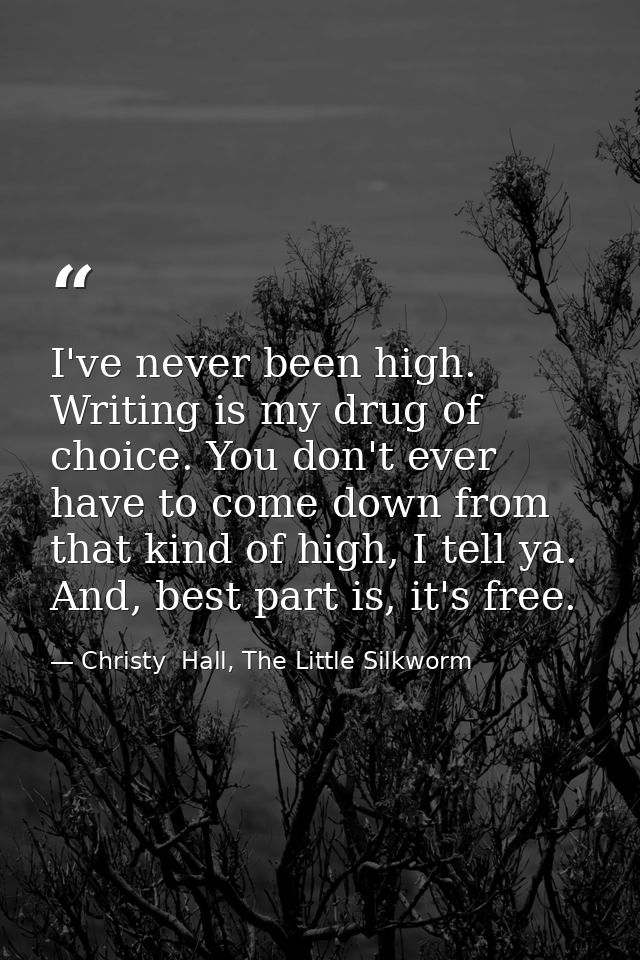 I've never been high. Writing is my drug of choice. You don't ever have to come down from that kind of high, I tell ya.  — Christy  Hall, The Little Silkworm