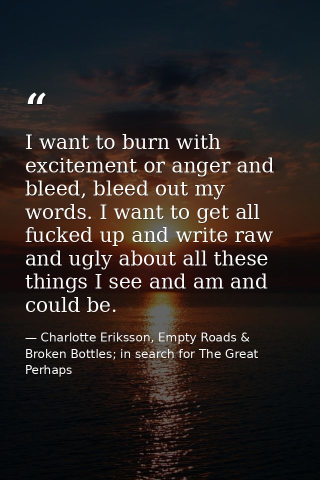 I want to burn with excitement or anger and bleed, bleed out my words. I want to get all fucked up and write raw and ugl — Charlotte Eriksson, Empty Roads & Broken Bottles; in search for The Great Perhaps