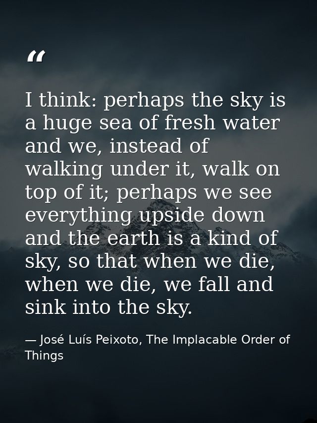 I think: perhaps the sky is a huge sea of fresh water and we, instead of walking under it, walk on top of it; perhaps we — José Luís Peixoto, The Implacable Order of Things