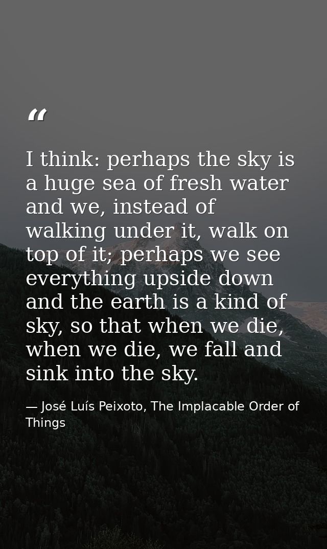 I think: perhaps the sky is a huge sea of fresh water and we, instead of walking under it, walk on top of it; perhaps we — José Luís Peixoto, The Implacable Order of Things