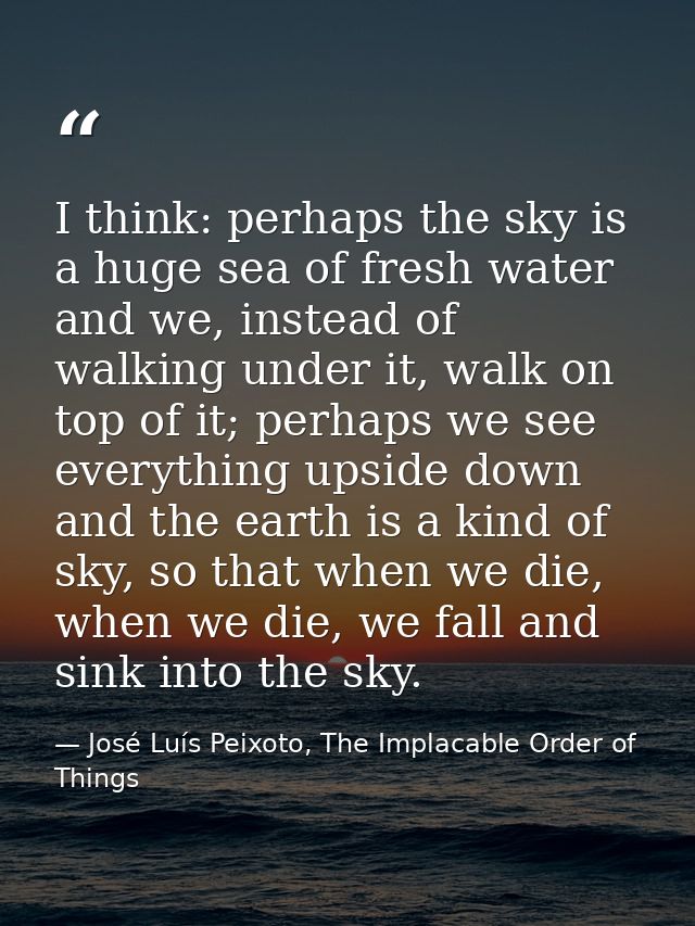 I think: perhaps the sky is a huge sea of fresh water and we, instead of walking under it, walk on top of it; perhaps we — José Luís Peixoto, The Implacable Order of Things