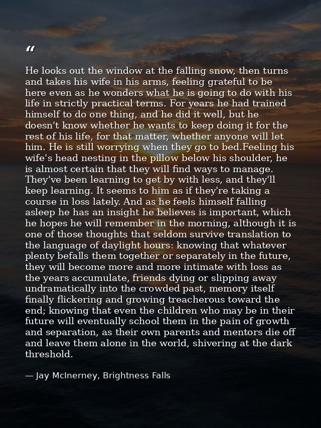 He looks out the window at the falling snow, then turns and takes his wife in his arms, feeling grateful to be here even — Jay McInerney, Brightness Falls