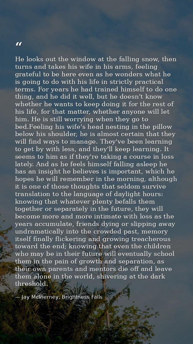 He looks out the window at the falling snow, then turns and takes his wife in his arms, feeling grateful to be here even — Jay McInerney, Brightness Falls