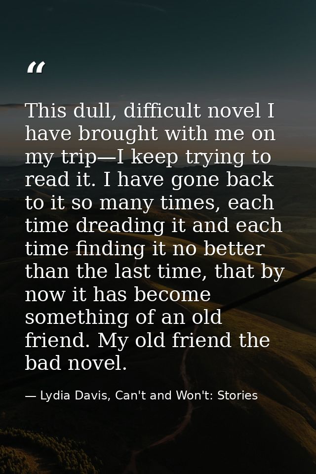 This dull, difficult novel I have brought with me on my trip—I keep trying to read it. I have gone back to it so many ti — Lydia Davis, Can't and Won't: Stories