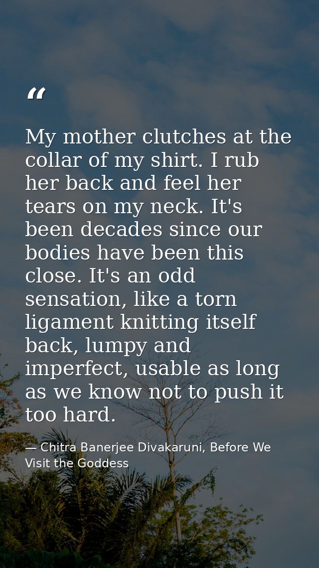 My mother clutches at the collar of my shirt. I rub her back and feel her tears on my neck. It's been decades since our  — Chitra Banerjee Divakaruni, Before We Visit the Goddess