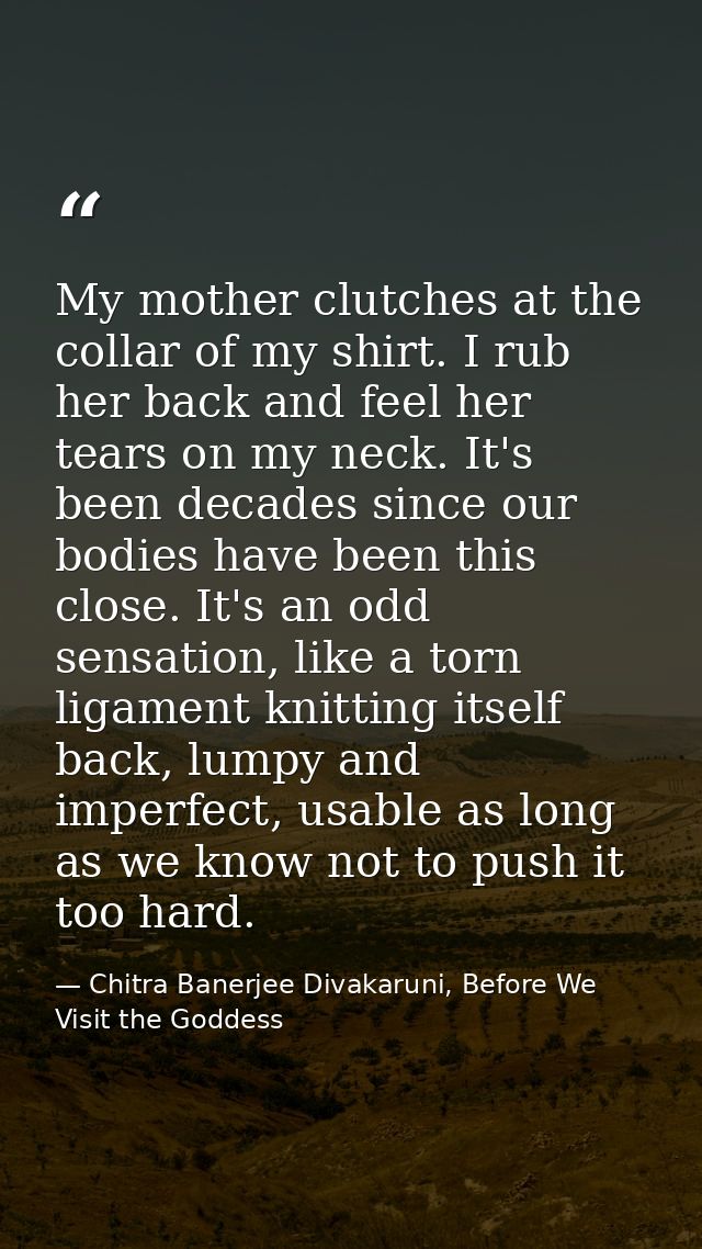 My mother clutches at the collar of my shirt. I rub her back and feel her tears on my neck. It's been decades since our  — Chitra Banerjee Divakaruni, Before We Visit the Goddess