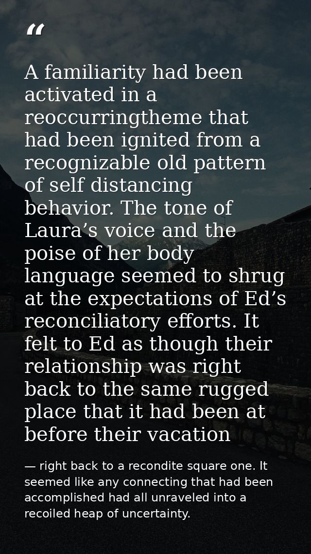 A familiarity had been activated in a reoccurringtheme that had been ignited from a recognizable old pattern of self dis — right back to a recondite square one. It seemed like any connecting that had been accomplished had all unraveled into a recoiled heap of uncertainty.