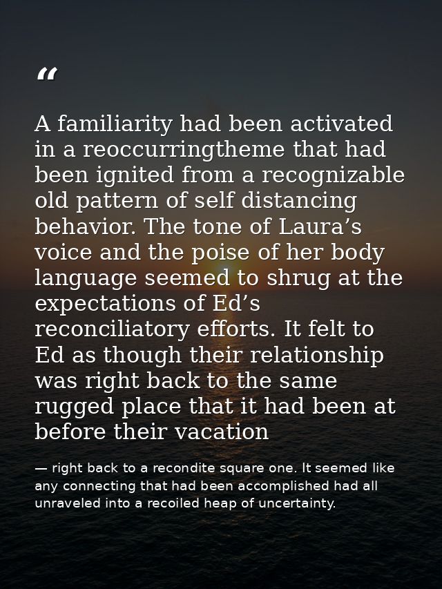 A familiarity had been activated in a reoccurringtheme that had been ignited from a recognizable old pattern of self dis — right back to a recondite square one. It seemed like any connecting that had been accomplished had all unraveled into a recoiled heap of uncertainty.