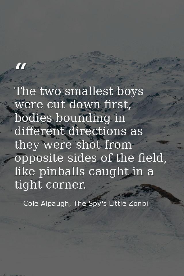 The two smallest boys were cut down first, bodies bounding in different directions as they were shot from opposite sides — Cole Alpaugh, The Spy's Little Zonbi