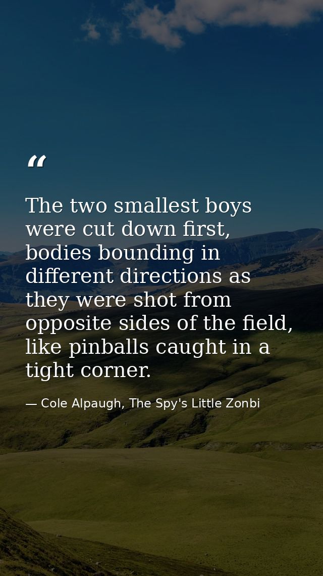 The two smallest boys were cut down first, bodies bounding in different directions as they were shot from opposite sides — Cole Alpaugh, The Spy's Little Zonbi